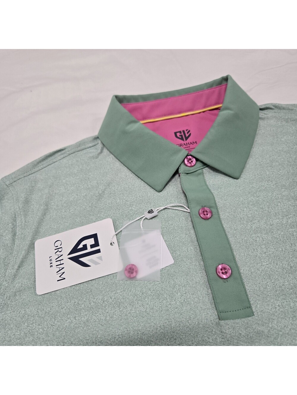 NWT Men's LARGE Graham Luxe 1764 Golf Therry Polo Shirt Turf Green Pink Buttons